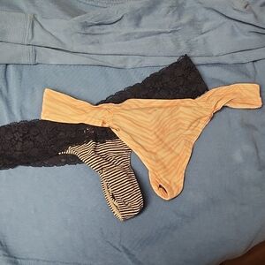 Victoria's Secret PINK Black Lace and Peach Striped Thongs